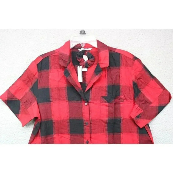 Victoria's Secret Pajama Top-Red and Black Plaid-Medium-Matching Scrunchie-New - Picture 2 of 10